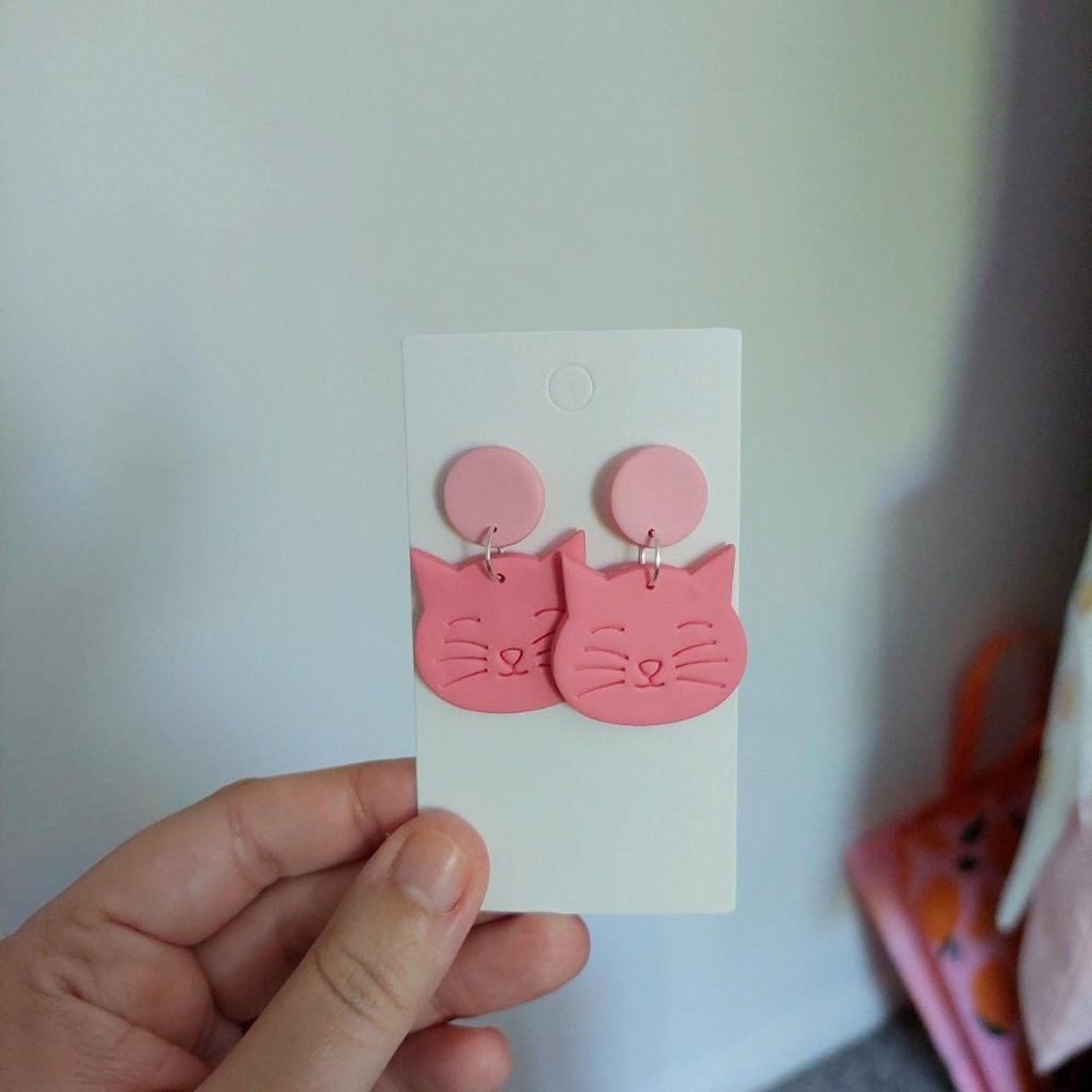 Pink Cat Stud Earrings - Picture 2 of 2